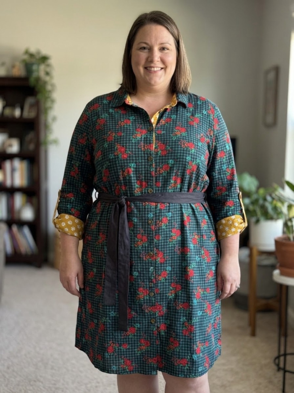 Floral Plaid Button-Front Shirt Dress with Belt - Green/Red